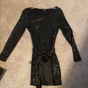 Black sequin express dress with silk sash. Size xs.